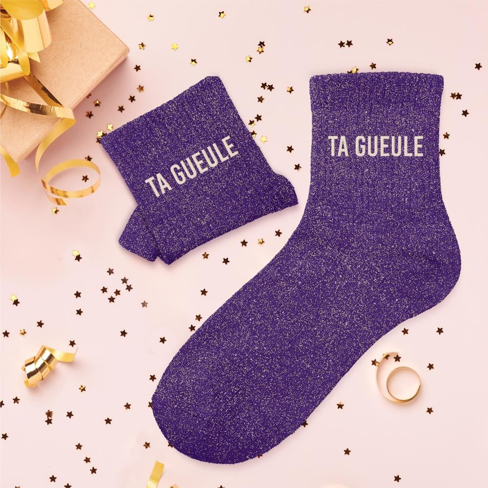 Chaussettes violettes à paillettes "Ta Gueule" mycrazystuff.com