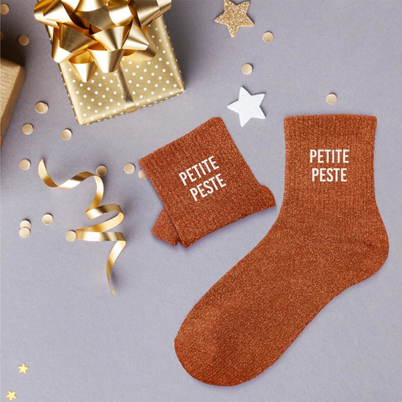 Chaussettes Oranges à Paillettes "Petite Peste" mycrazystuff.com
