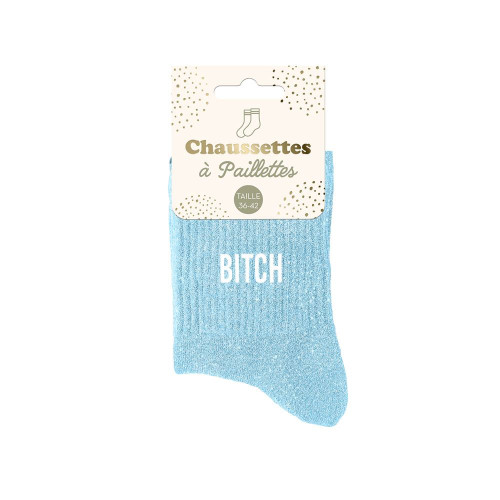 Chaussettes Bleues à Paillettes "Bitch" mycrazystuff.com