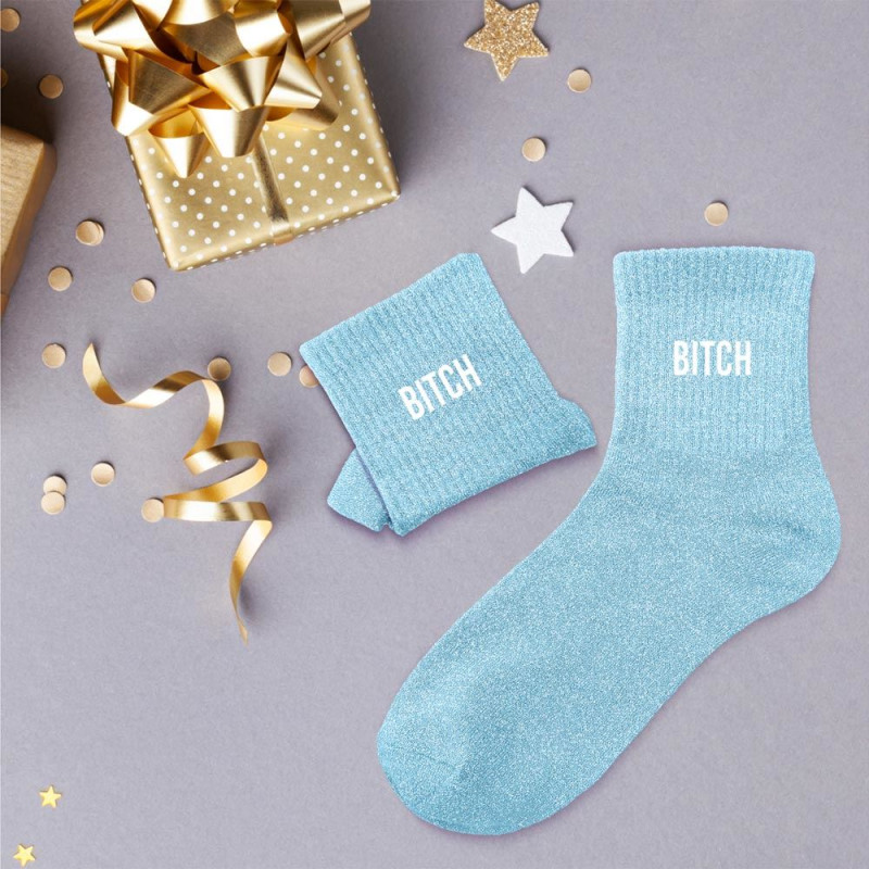 Chaussettes Bleues à Paillettes "Bitch" mycrazystuff.com