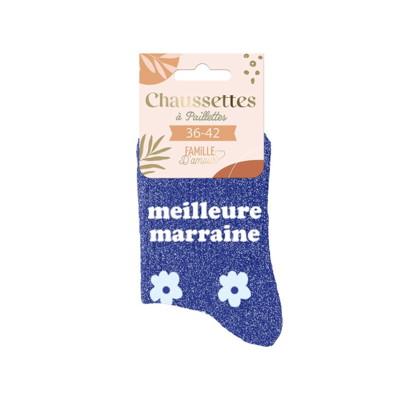 Chaussettes Bleues à Paillettes "Meilleure Marraine" mycrazystuff.com