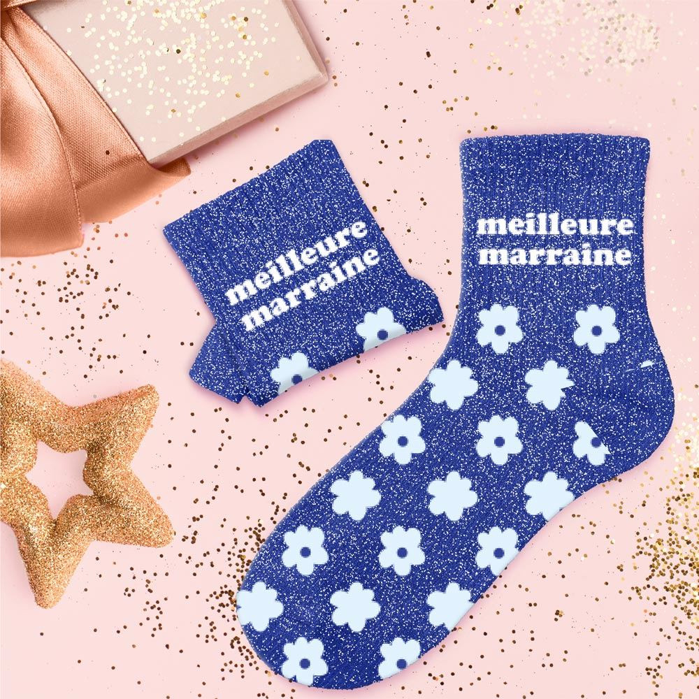 Chaussettes Bleues à Paillettes "Meilleure Marraine" mycrazystuff.com