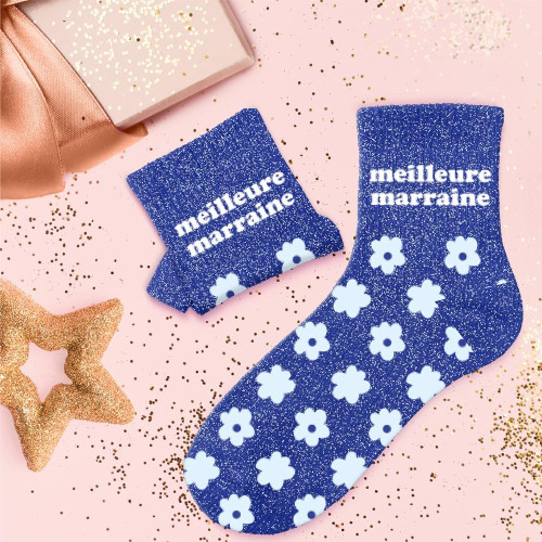 Chaussettes Bleues à Paillettes "Meilleure Marraine" mycrazystuff.com
