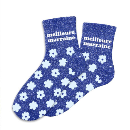 Chaussettes Bleues à Paillettes "Meilleure Marraine" mycrazystuff.com