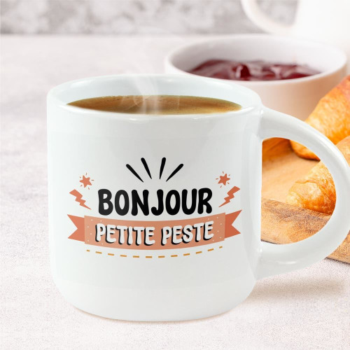 Grand Mug Céramique Blanc Bonjour Petite Peste mycrazystuff.com