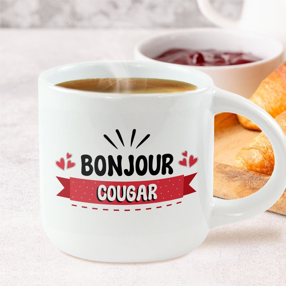 Grand Mug Céramique Blanc Bonjour Cougar mycrazystuff.com