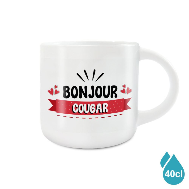 Grand Mug Céramique Blanc Bonjour Cougar mycrazystuff.com