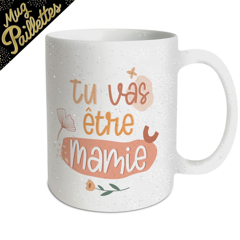 Mug Céramique Blanc à paillettes "Tu vas être mamie" mycrazystuff.com
