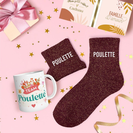 Coffret Mug Chaussettes marrons paillettes "Poulette" mycrazystuff.com