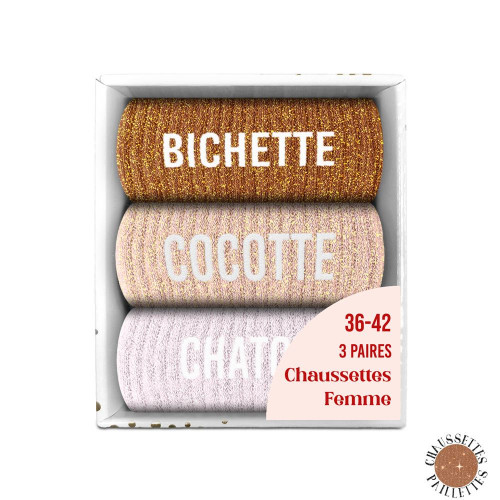 lot de 3 paires de chaussettes paillettes bichette cocotte chaton mycrazystuff.com