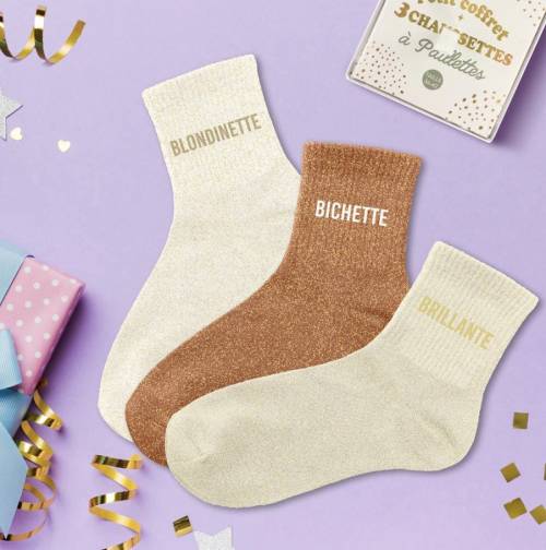 Lot 3 paires de chaussettes paillettes "blondinette, brillante, bichette"