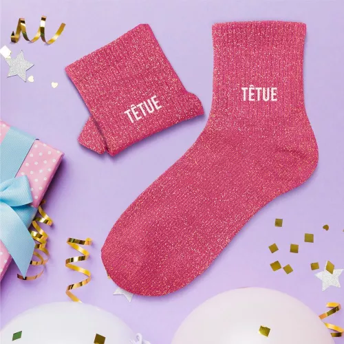 Chaussettes Courtes à Paillettes Dorées Et Motifs 'WESH' Roses - STC - Neuf Avec étiquettes