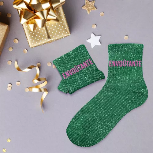 Chaussettes Vertes à Paillettes "Passionnée" - Taille Unique 36-42, Coton, élasthanne